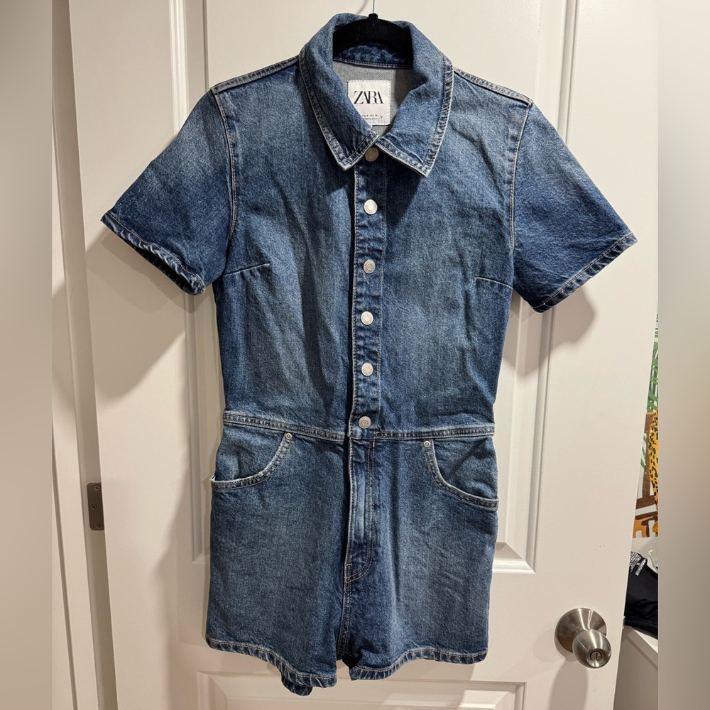 Zara Blue Denim Short-Sleeve Jumpsuit